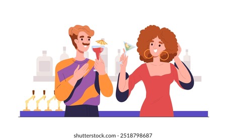 People drink cocktails. Man and woman with alcoholic drinks at disco or party. Friends with alcohol and beverage. Guy and girl in pub or bar. Flat vector illustration isolated on white background