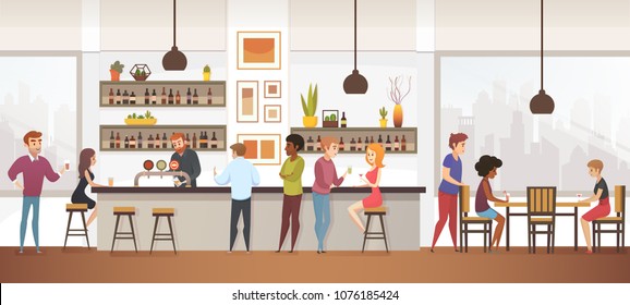 People Drink Coffe into Interior Vector Cafe Bar. Illustration of Lifestyle Characters Spend Time at Restraurant