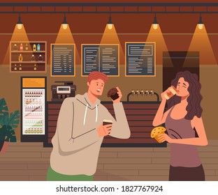 People drink coffee in cafe concept. Vector flat graphic design cartoon illustration 