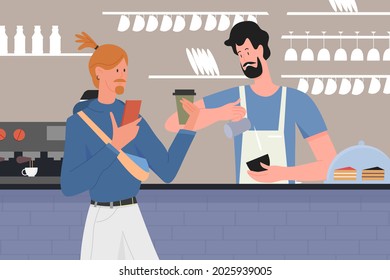 People drink coffee in cafe vector illustration. Cartoon male hipster character drinking, holding mobile phone and hot beverage, barista making espresso coffee for client in bar interior background