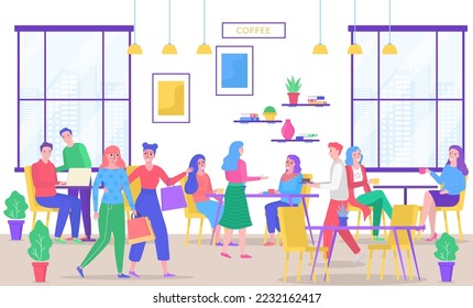 People drink coffee in cafe, vector illustration, Man woman character at bar, coffeehouse interior, cartoon lunch in restaurant.