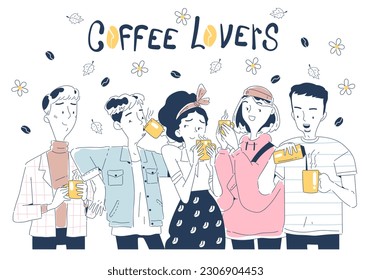 People drink coffee. Characters in coffee shop enjoying their hot drinks. Group of friends spend time together and talking. Man and woman in doodle hand drawn style. Cartoon flat vector illustration