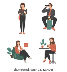 people drink coffee from a Cup with a lid, a set of four vector flat illustrations