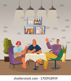 People drink coffee, eat cakes and talk with each other in cafe. Friends on meeting in cozy restaurant. Interior of coffeehouse with decoration like shelves and houseplants. Vector illustration