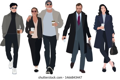  Business people drink coffee to go and in the office. Walking couples drink coffee in the street. Take coffee, drink on the go, you can use it for the landing page of the main page of the site.