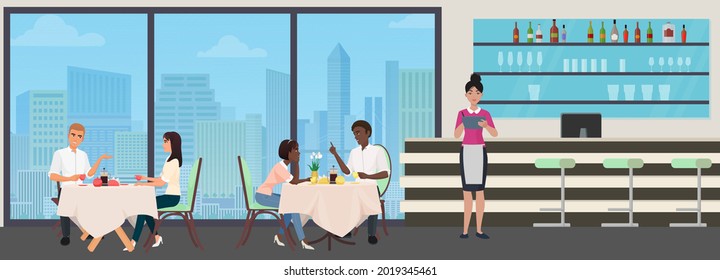 People drink coffee or tea in cafe, break time vector illustration. Cartoon young man woman characters meeting, colleagues or friends chatting during cup of coffee or tea break in cafeteria interior