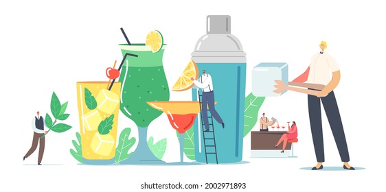 La Gente Bebe Bebidas Frías. Pequeños personajes masculinos y femeninos cocinan diferentes bebidas en verano. Enormes tazas de vidrio con paja, frutas, cubos de hielo en agua de jugo. Ilustración del vector de dibujos animados