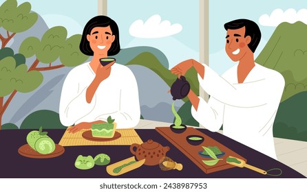 People drink green matcha. Man and woman at tea ceremony. Traditional Japanese powdered beverage. Couple eat desserts. Beverage cup. Ceramic teapot. Terrace table. Garish