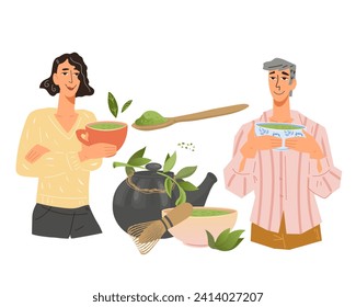 People drink green tea, flat vector illustration isolated on white background. Man and woman  enjoy green or matcha tea cups,  characters for advertisement of  beverage.