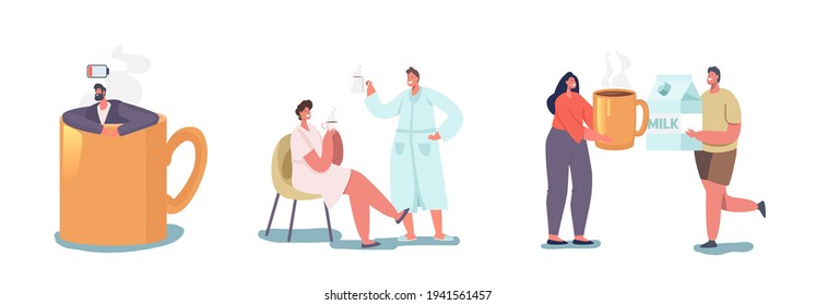 People Drink Morning Coffee Concept. Employee Coffee Break At Office. Tired Businessman Sitting In Huge Cup. Male And Female Married Couple Characters Morning Refreshment. Cartoon Vector Illustration