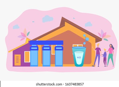 People Drink Purified Water. Water Filtration System, Water Purification At Home, Water Delivery Service Concept. Colorful Vector Illustration