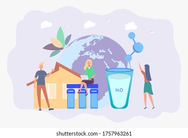 People Drink Purified Water. Water Filtration System, Water Purification At Home, Water Delivery Service Concept. Colorful Vector Illustration