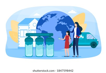 People drink purified water. Filtration and purification system, water at home, water delivery service concept. Global concept of water pollution. Colorful flat cartoon vector illustration