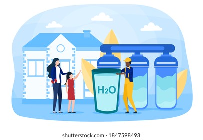 People Drink Purified Water. Water Filtration System, Water Purification At Home, Water Delivery Service Concept. Colorful Flat Cartoon Vector Illustration