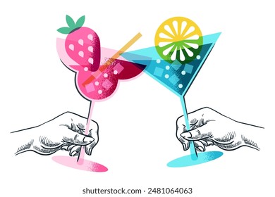 People drink summer cocktails. Vector hand drawn sketch illustration of hands holding alcoholic, non-alcoholic drinks. Party celebrating holiday, event banner, poster, bar alcohol menu design elements