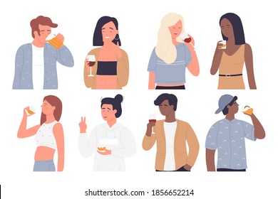 People Drink Vector Illustration Set. Cartoon Young Happy Man Woman Characters Drinking, Holding Wineglass, Glasses Of Beer Or Whiskey In Hands, Fun Party In Alcohol Bar Or Home Isolated On White