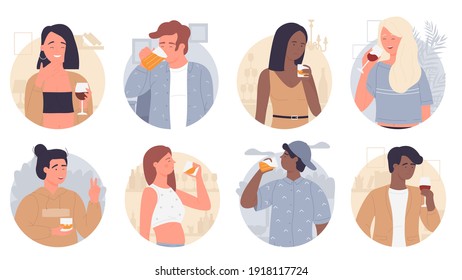 People Drink Vector Illustration Set. Cartoon Young Happy Man Woman Characters Drinking, Holding Wineglass, Glasses Of Beer Or Whiskey In Hands, Fun Party In Alcohol Bar Or Home Isolated On White