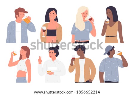 People drink vector illustration set. Cartoon young happy man woman characters drinking, holding wineglass, glasses of beer or whiskey in hands, fun party in alcohol bar or home isolated on white