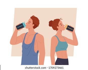 People drink water in bottle during workout. Man and woman in sportswear. Healthy lifestyle. Vector illustration in a flat style