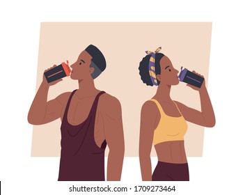 People drink water in bottles during workout. Strong man and woman in sportswear. Healthy lifestyle.  Vector illustration in a flat style