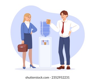 People drink water in office concept. Man and woman communicate with cups. Commuynication and interaction between colleagues in company at launch break. Cartoon flat vector illustration