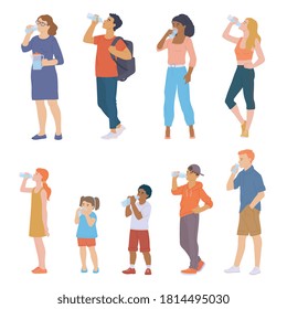 People drink water. Set of characters of children, teenagers, young men and women with bottles or glasses of water in their hands. Healthy lifestyle. Vector flat isolated illustrations.