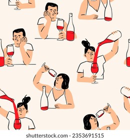 People drink Wine from the glass. Person sitting with bottle of alcohol. Hand drawn Vector illustration. Hangover, addiction, bad habit, mood, alcoholism concept. Square seamless Pattern