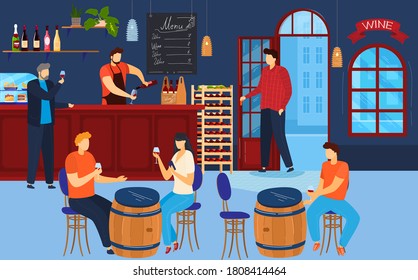 People drink wine vector illustration. Cartoon fat man woman couple or friends characters have fun together, talking and drinking alcohol wine drink from glasses in pub or bar interior background