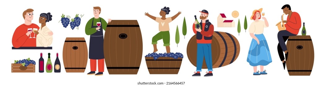 People drink wine. Winemaking industry. Grape harvest. Sommelier characters testing natural beverage. Alcohol production. Romantic couple with glasses. Garish vector