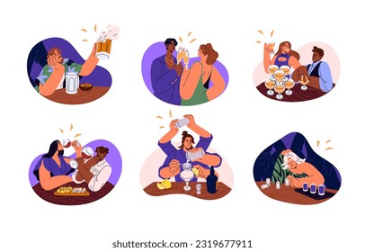 People drinking alcohol in bar, pub set. Drunk men, women with beer, wine, cocktail beverages celebrating at party. Alcoholic addiction concept. Flat vector illustrations isolated on white background