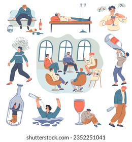 People drinking alcohol beverages, isolated characters with addiction. Drunk personages in company with bottles, abuse and health problems and issues, drowning. Vector in flat style illustration