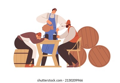 Gente bebiendo alcohol en taberna medieval. Hombres ebrios sentados en un mostrador de madera en el pub, relajándose con tazas de cerveza y vino. Barra de historia de la Edad Media. Ilustración vectorial plana aislada en fondo blanco