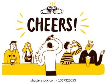 People Drinking At The Bar. Cheers Title.  Cartoon Vector Illustration For Your Design.