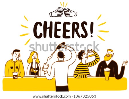 People drinking at the bar. Cheers title.  Cartoon vector illustration for your design.