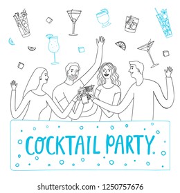 People drinking at the bar. Cocktail party. Including doodle set of drinks. Cartoon vector illustration for your design.