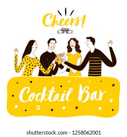 People drinking at the bar. Cocktail bar title.  Cartoon vector illustration for your design.