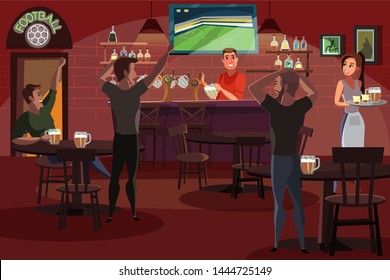 People drinking beer in bar flat vector illustration. Friends watching football match, bartender standing at sport bar stand. Waitress cartoon character. Guys having fun after workday. Football fans