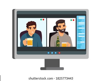 People drinking beer at online video call on computer screen. Communication via digital technology vector illustration. Male friends celebrating with beer. Virtual digital meeting.