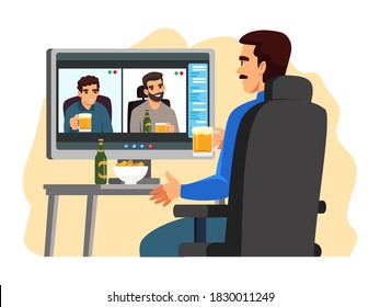 Gente bebiendo cerveza en una videollamada. Comunicación a través de la ilustración vectorial de pantalla de computadora. Amigos hombres y hombres celebrando con cerveza y refrigerios. Encuentro digital virtual.