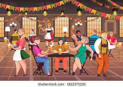 people drinking beer in pub Oktoberfest party celebration concept mix race men women having fun horizontal full length vector illustration