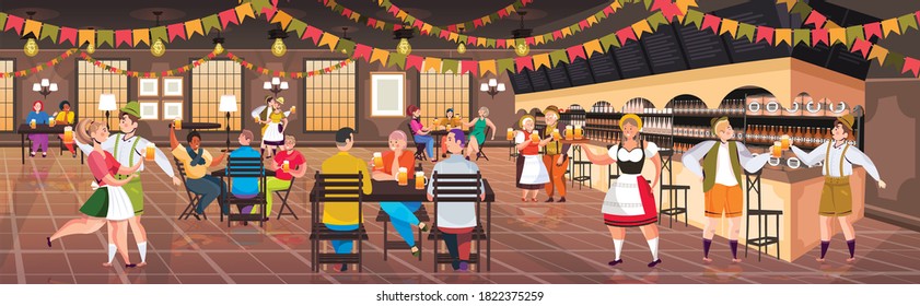 people drinking beer in pub Oktoberfest party celebration concept mix race men women having fun horizontal full length vector illustration