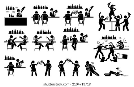 People drinking beer and wine at bar. Vector illustration stick figures of bartender, male and female friends drinking alcohol, girl dancing on table, clinking beer glass, bar fight, and drunk at bar.