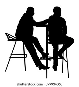 People drinking in cafe silhouette. Urban night life guests vector isolated on white background. Snack bar on the street. Friends sitting and talking. Men in striptease club. Business man relaxing.