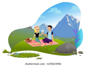 People drinking champagne in mountains vector, man and woman on nature having picnic. Natural environment and relaxation of pair green meadow flat. Mountain tourism
