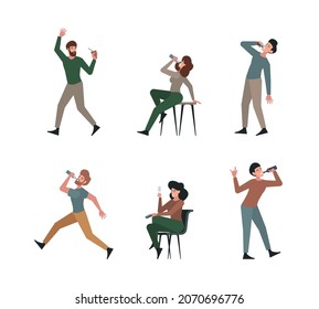 People drinking. Characters in restaurant drinking beverage fresh liquids food garish vector flat illustrations isolated