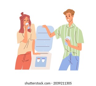 People drinking and chatting by water cooler in office. Man and woman talking by aqua dispenser. Colleagues with glasses quenching thirst. Flat vector illustration isolated on white background