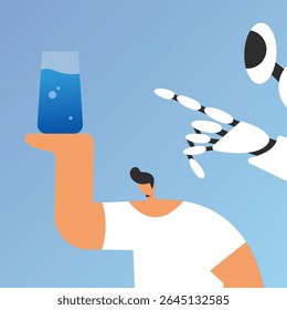 People drinking clean fresh water with AI Robot. Healthy hydration with pure water liquid. Characters with glass. Flat vector illustration on white background.