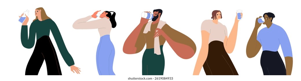 People drinking clear fresh water. Healthy hydration with clean aqua fluid. Characters with bottles, glasses, jug. Thirsty men, women hydrating. Flat vector illustration isolated on white background