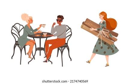 People drinking coffee at cafe or coffeeshop set vector illustration