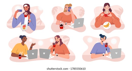 People drinking coffee in cafe or coffee shop, talking, working with laptop, taking selfie meeting for work, making phone calls, collection of vector illustrations, set of cartoon characters,